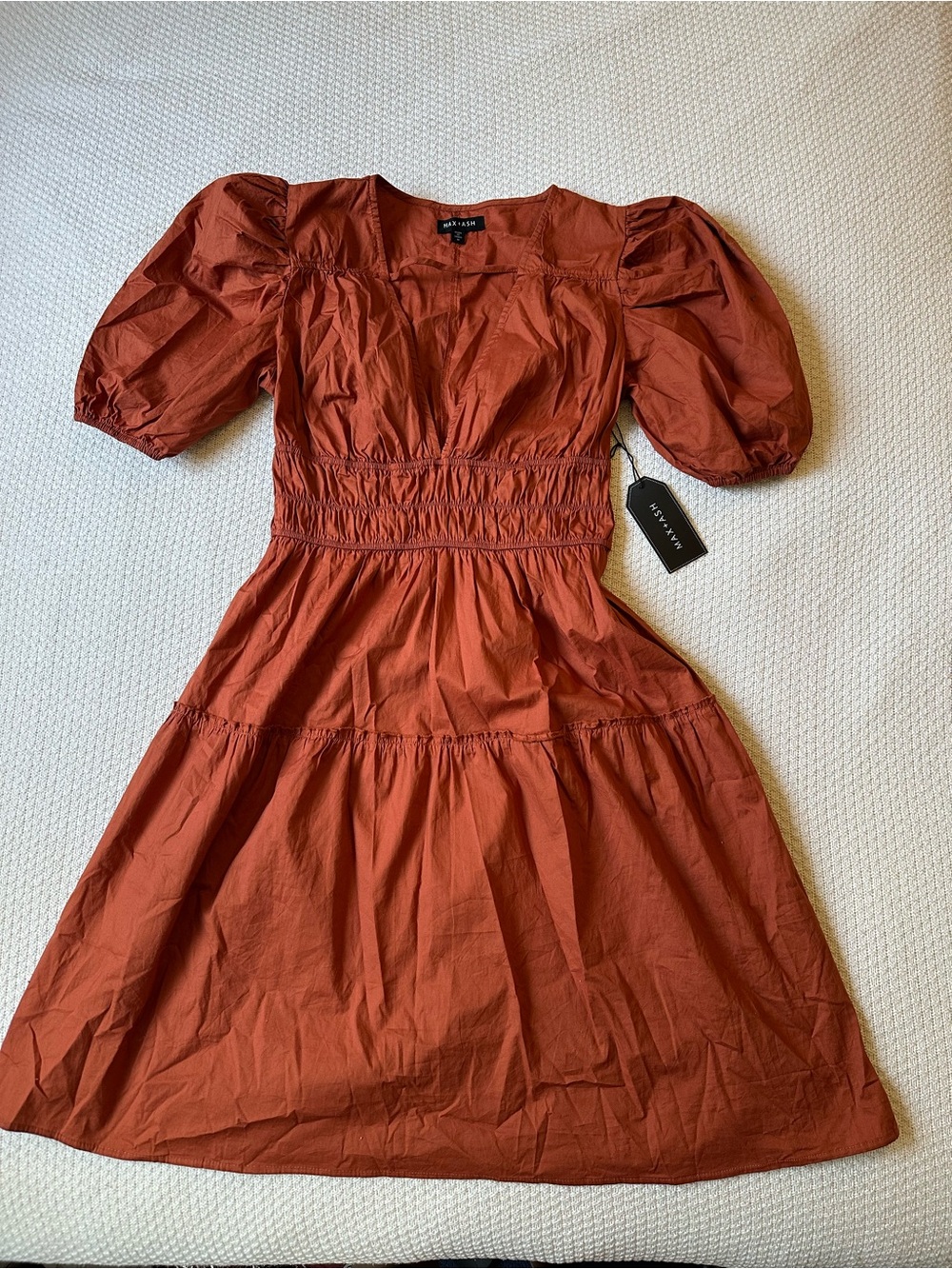 Rust Puff-Sleeve Smocked Waist Dress